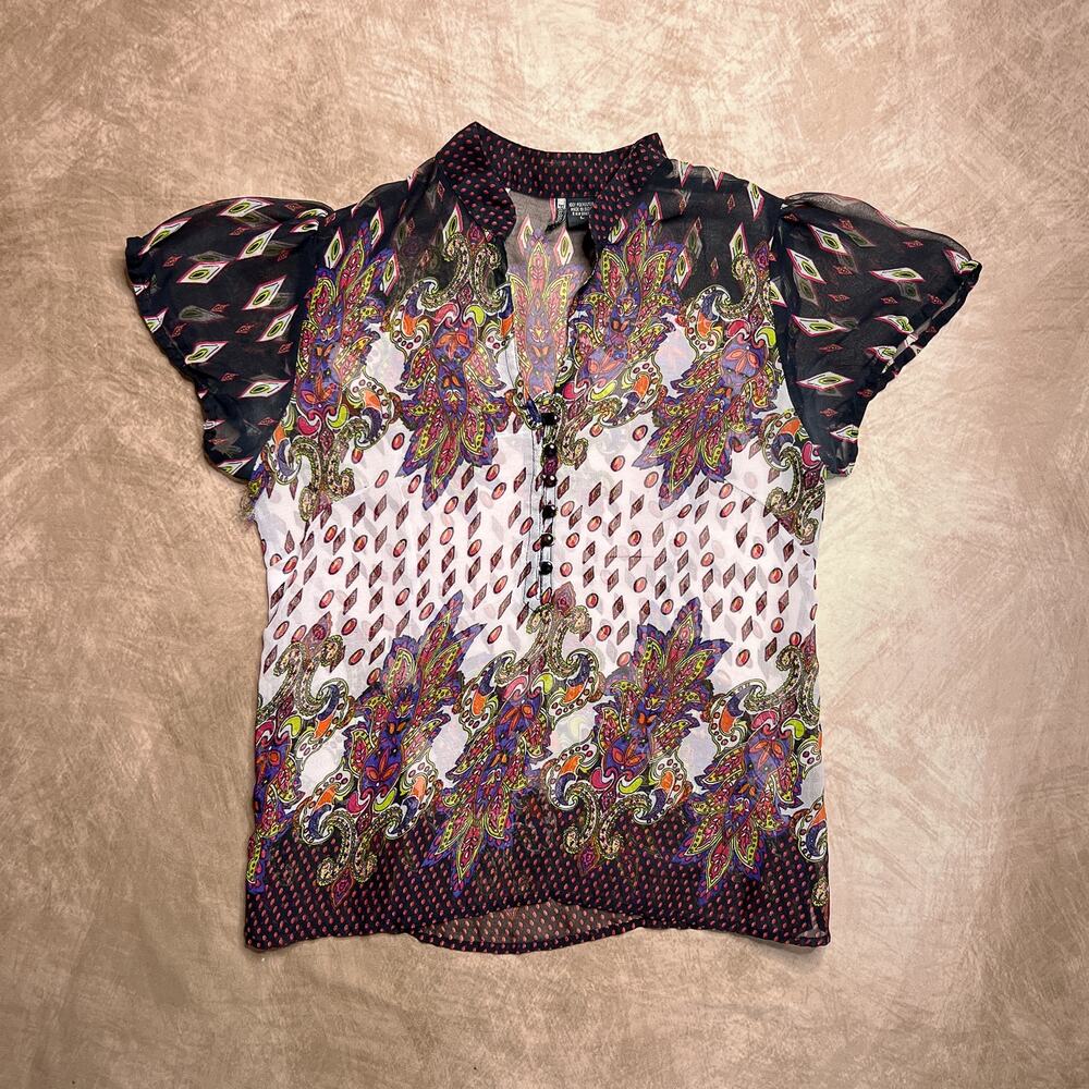 Vintage Y2K Passport Sheer Mesh Multicolor Paisley Top Cap Sleeve Boho Euro Folk